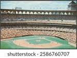 Vintage baseball stadium filled with spectators. Players on the field. Classic architecture with arches. Crowded stands, lively atmosphere, baseball game. Vintage art.