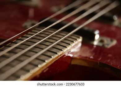 Vintage bass guitar strings, close up.