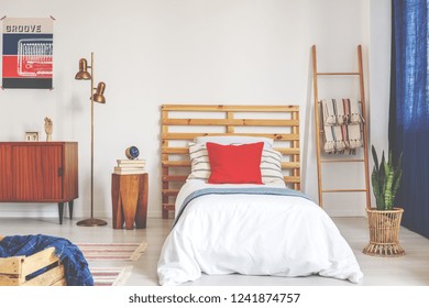 Vintage Bedroom Interior For Teenager, Real Photo With Copy Space On The Empty Wall