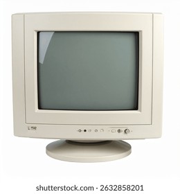 Vintage beige CRT computer monitor isolated on white. Blank screen, classic design.