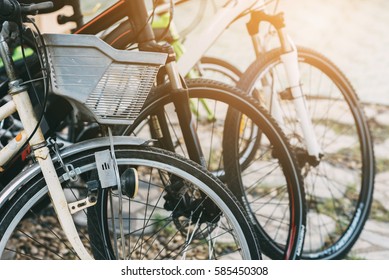 Vintage Bicycle Parking in the Garden with Sunlight Flare Blurred Background - Shutterstock ID 585450308