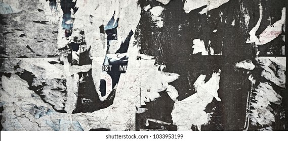 Vintage Billboard With Torn Poster, Paper, Ads, Stickers Wide Background Or Texture. Urban Creative Wallpaper For Design. Abstract Web Banner.