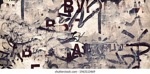 Vintage Billboard with Torn Poster, Paper, Ads, Stickers Wide Background Or Texture. Urban Creative Wallpaper for Design. Abstract Web Banner. Panoramic Backdrop and Creative Surface.