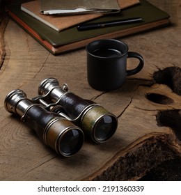 Vintage Binocular On Wooden Study Desk