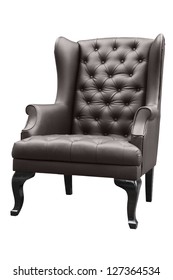 Vintage Black Leather Armchair Isolated On White.