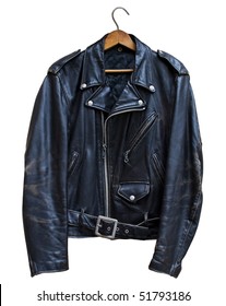 Vintage Black Leather Biker Jacket, Isolated On White Background