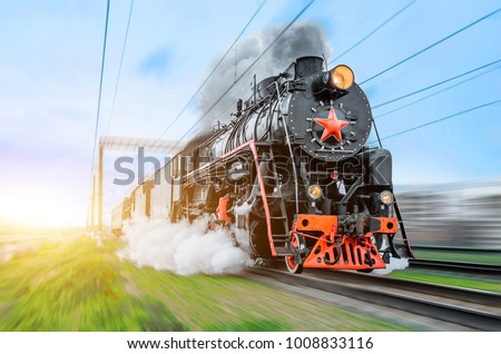 Vintage black steam locomotive train rush railway.