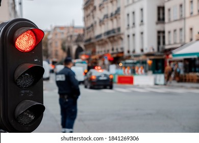 Vintage Black Traffic Red Light In Paris Depth Of Field Police And Cars