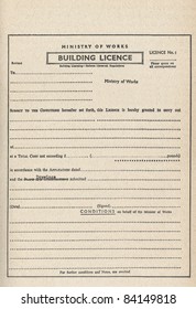 Vintage blank Building Licence, aka Planning Permission or Building Permit for construction works