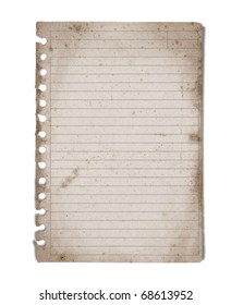 Vintage Blank Note Paper From Notebook With Lines Isolated On White With Clipping Path.