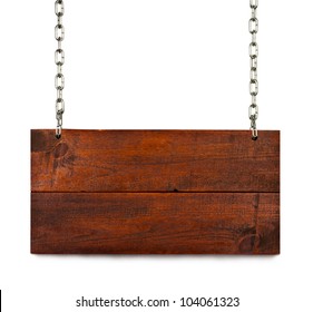 Vintage Blank Wood Sign Board On Chains With Space For Text Isolated On White