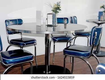 Vintage Blue Diner Chairs And Table Setting.