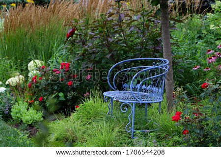 Vintage blue garden bench is focal point of this Midwest garden with hydrangeas, ornamental grasses, coneflowers and hibiscus