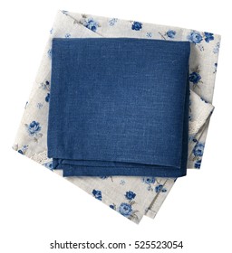 Vintage Blue Grey Flower Pattern Stack Kitchen Linen Cloth Top View.Folded Textile Towel Country Style Background.