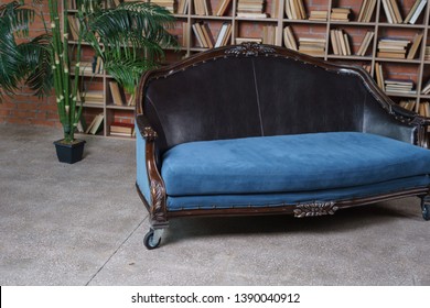 Vintage Blue Sofa In Loft Living Room. Palm Tree In Pot. In The Office A Large Library. Huge Bookcase