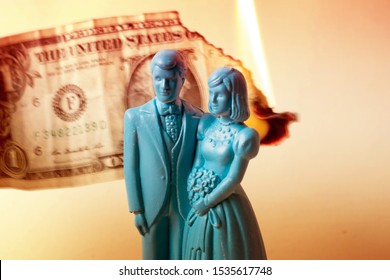 Vintage Blue Wedding Cake Topper Couple In Front Of A Dollar Bill On Fire. Weddings Can Be Costly And A Waste Of Money. Couple Fighting Over Finances. Man And Wife In Financial Trouble Or Divorce.