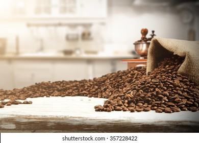 vintage blurred background of kitchen and free space for you and coffee beans and sun 
