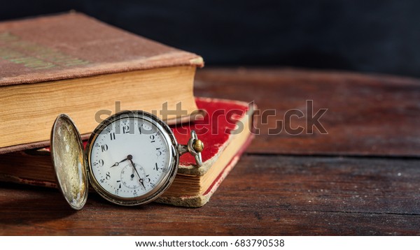 Vintage Books Pocket Watch On Wooden Stock Photo Edit Now 683790538