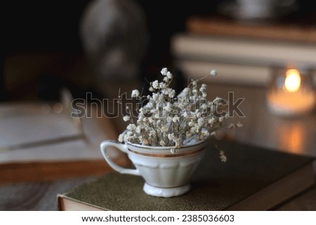 Vintage books, reading glasses, gold pen, hand model, gold jewelry, scented candles, flowers, chess pieces and cup of tea or coffee on the table. Dark academia concept. Selective focus.