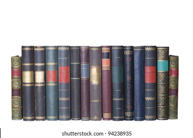 vintage books in a row, isolated on white background, blank labels with free copy space