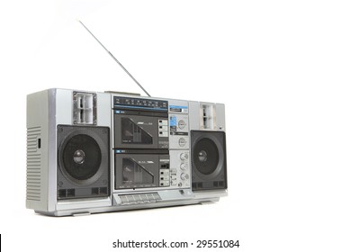 Vintage Boom Box Cassette Tape Player Isolated On White Background