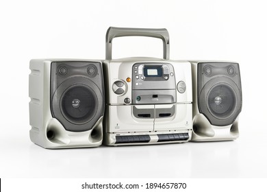 Vintage Boom Box Radio, Cd,  Stereo Cassette Tape Player And Recorder On White. 