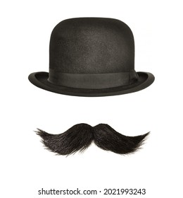 Vintage Bowler Hat With Black Curly Moustache Isolated On A White Background