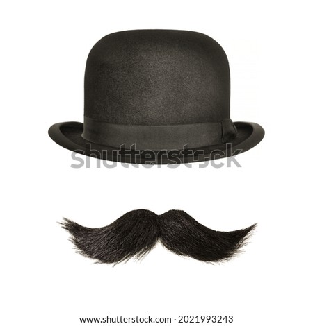 Vintage bowler hat with black curly moustache isolated on a white background