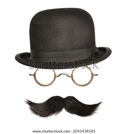 Vintage bowler hat with black curly moustache and glasses isolated on a white background