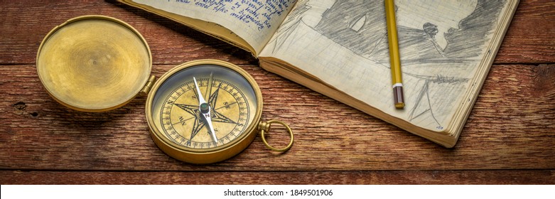 Vintage Brass Compass And Old Travel Journal With Handwriting And Pencil Sketches (property Release Attached), Travel Concept.