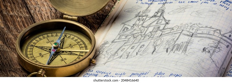 Vintage Brass Compass And Old Travel Journal With Handwriting And Pencil Sketches (property Release Attached), Travel Concept.