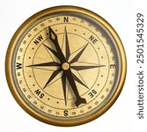 Vintage brass compass with weathered patina. Circular dial with cardinal directions and intricate engravings.
Isolated on white background.
Perfect for nautical, adventure, or antique designs etc ...