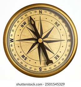 Vintage brass compass with weathered patina. Circular dial with cardinal directions and intricate engravings.
Isolated on white background.
Perfect for nautical, adventure, or antique designs etc ...