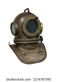 Vintage brass diving helmet. Part of a diving suit. Isolate on a white background.