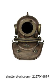 Vintage Brass Diving Helmet. Part Of A Diving Suit. Isolate On A White Background.