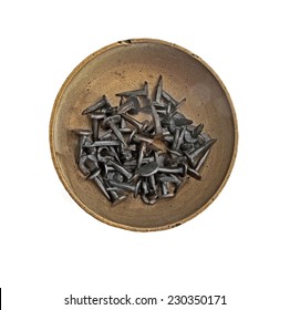 Vintage Brass Tray With Tacks Nails Over White, Clipping Path