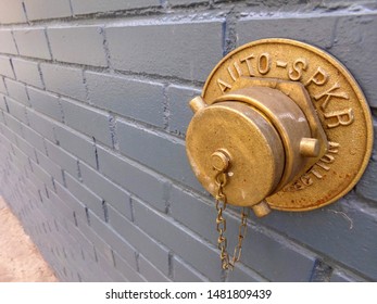 Vintage Bronze Auto-spkr Fire Department Connection At An Old Mansion In A Historic District Of Denver