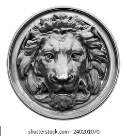 Vintage bronze lion head in black and white isolated on white background