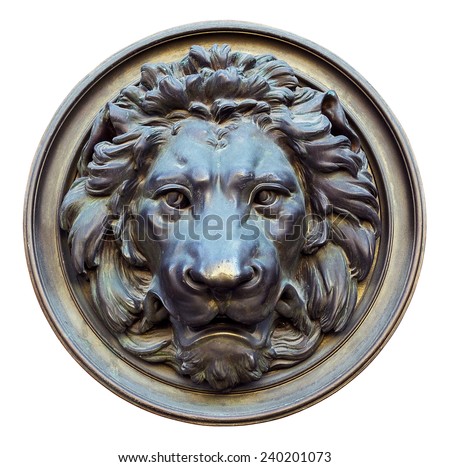 Vintage bronze lion head isolated on white
