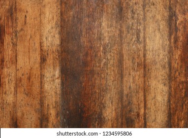 Vintage Brown Barrel Wooden Planks Background Texture With Scratches And Black Stains Over Wood Grain Of Old Aged Oak Barrel Bottom, Close Up