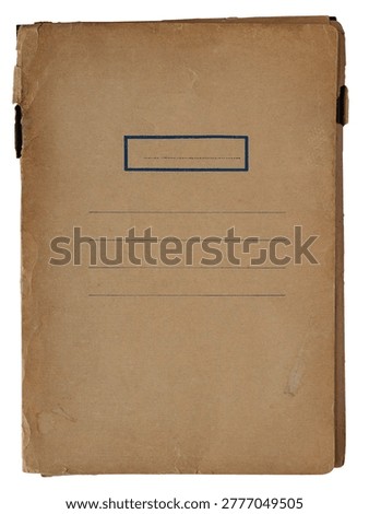 Vintage brown cardboard folder with blank label frame and writing lines, isolated on white