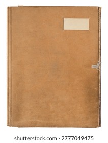 Vintage brown closed paper  folder with blank label, top view isolated