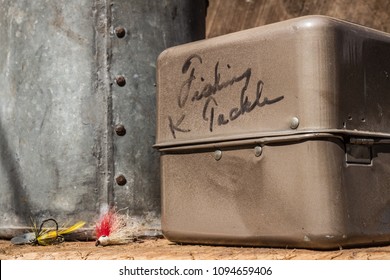 Vintage Brown Fishing Tackle Box With Fishing Tackle Written On Tackle Box