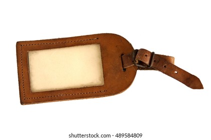 Vintage Brown Leather Luggage Tag Isolated On White Background
