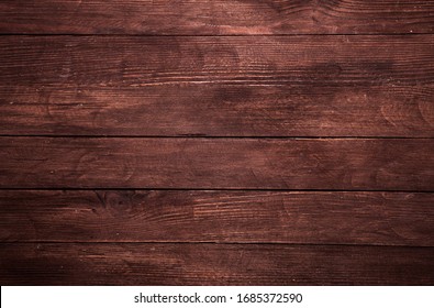 Vintage Brown Wood Background Texture With Knots And Nail Holes. Old Painted Wood Wall. Brown Abstract Background. Vintage Wooden Dark Horizontal Boards. Front View With Copy Space. Background For Des