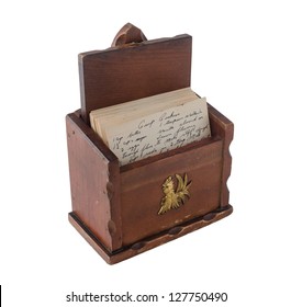 Vintage Brown Wooden Recipe Box With Handwritten Recipes Inside, Isolated On White Background