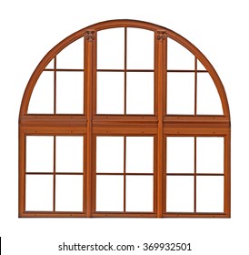 Vintage brown wooden window with arch on white background