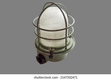 vintage bunker lamp, caged hanging lighting fixture, explosion proof domed thick ribber glass lamp cover, moisture proof power cable wiring black bushing, isolated
