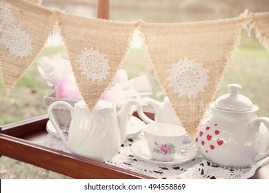 Vintage Bunting And Tea Set, Alice In Wonderland Mad Hatters Tea Party, Toning