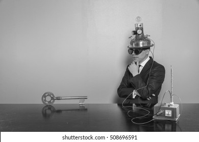 Vintage businessman sitting at office desk